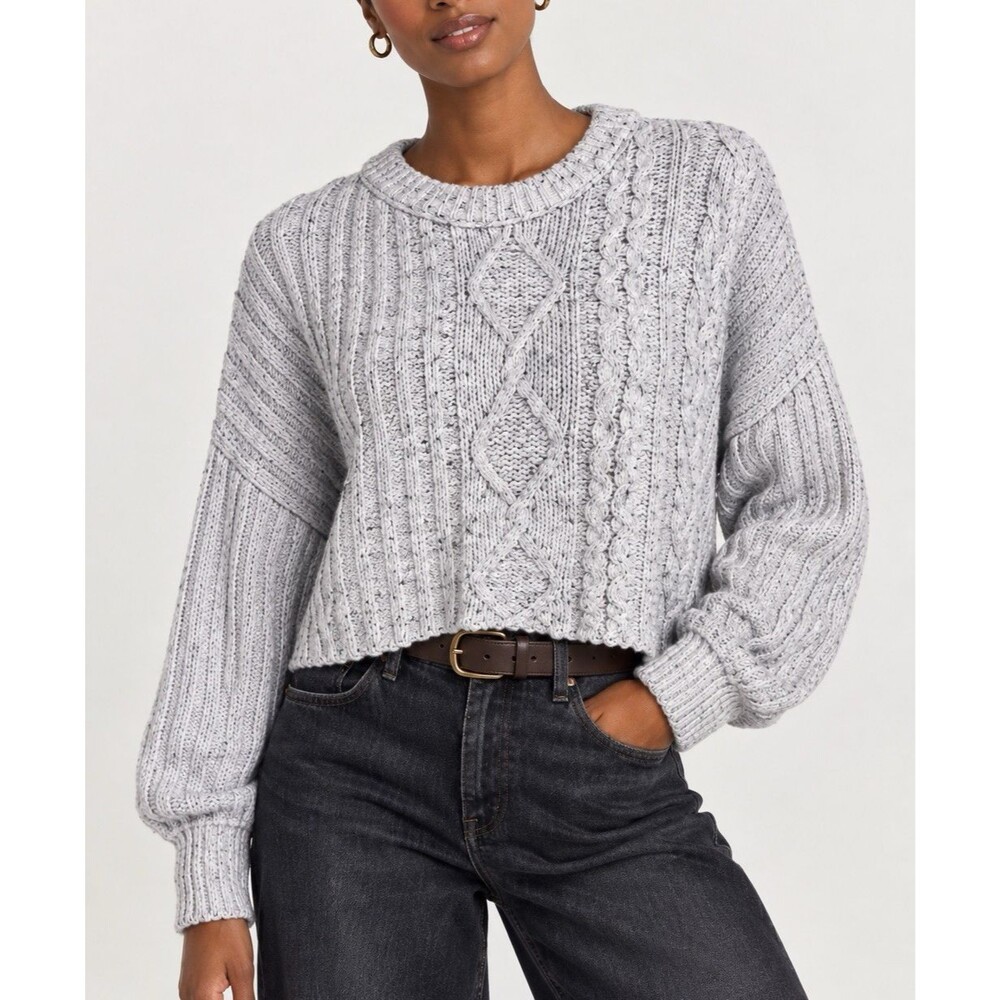 Free People On Your Side Cable Knit Crop Sweater Small Gray Speckled Cotton Knit